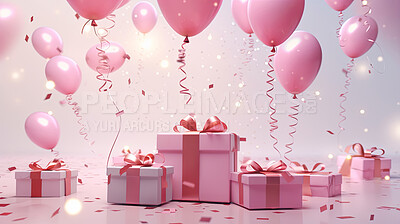 Gift boxes with bows and balloons on studio background. Birthday, anniversary or Valentines present