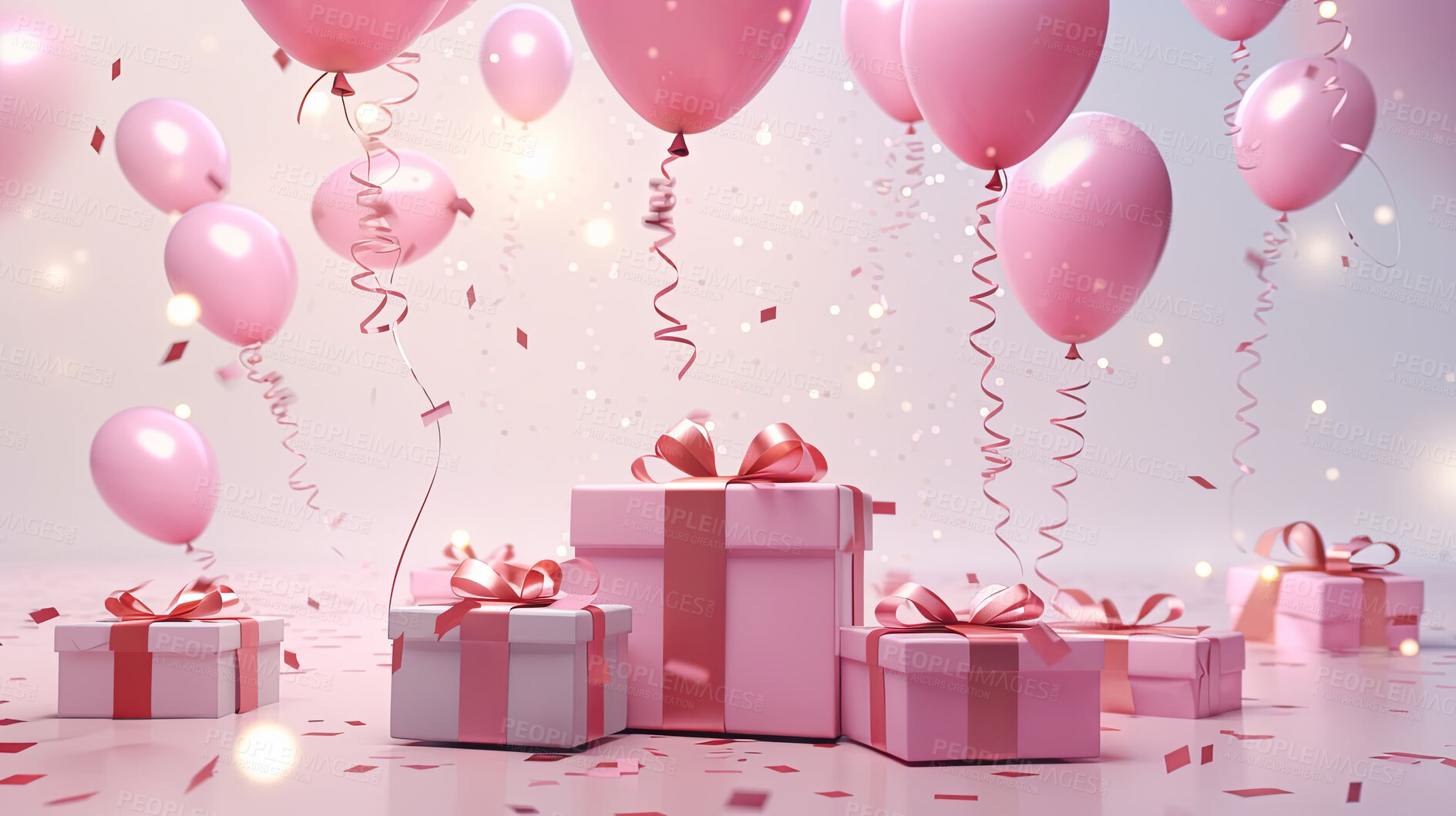 Buy stock photo Gift boxes with bows and balloons on studio background. Birthday, anniversary or Valentines present