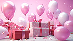 Gift boxes with bows and balloons on studio background. Birthday, anniversary or Valentines present