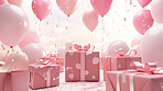 Gift boxes with bows and balloons on studio background. Birthday, anniversary or Valentines present