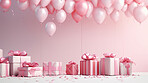 Gift boxes with bows and balloons on studio background. Birthday, anniversary or Valentines present