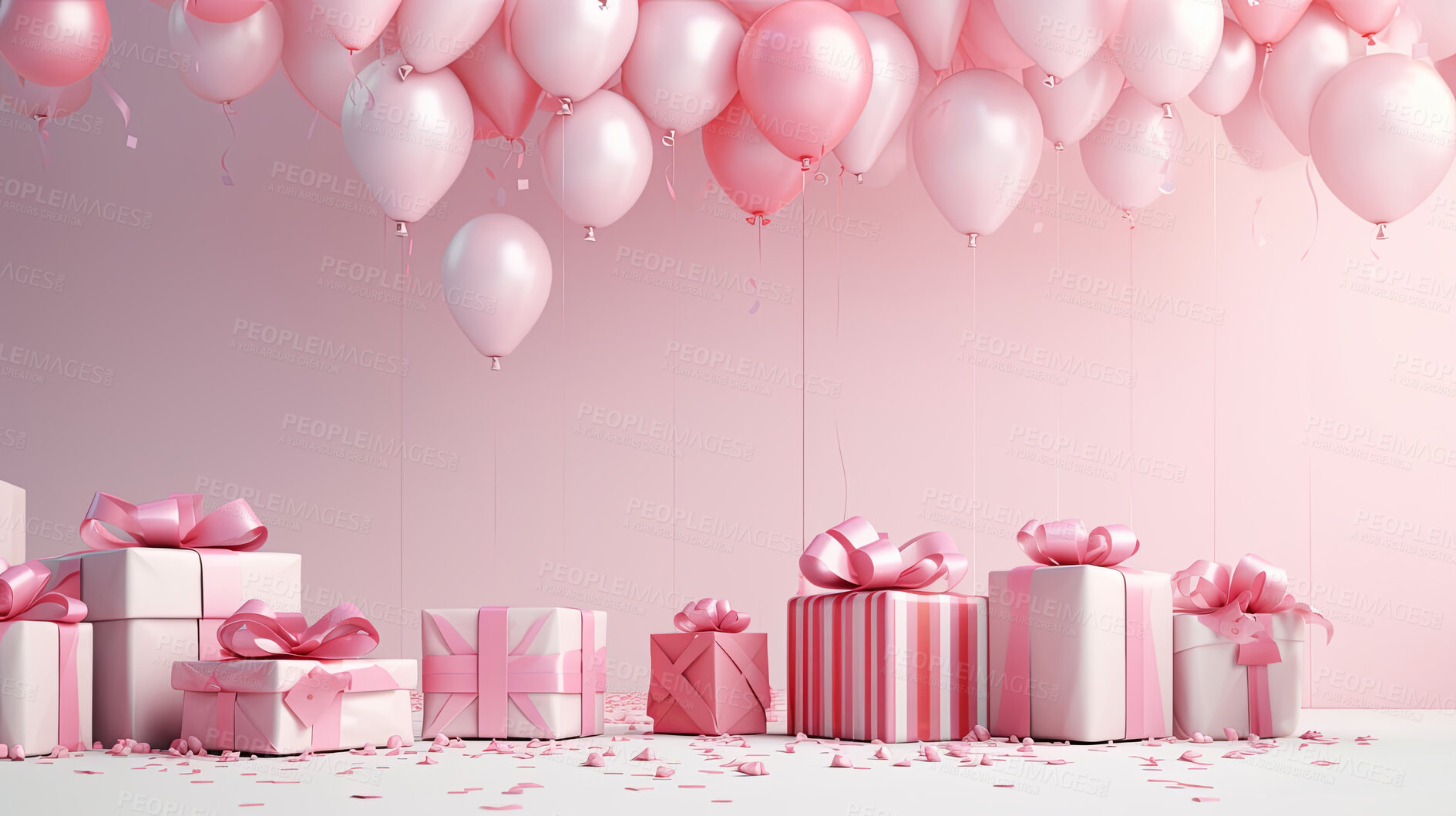 Buy stock photo Gift boxes with bows and balloons on studio background. Birthday, anniversary or Valentines present