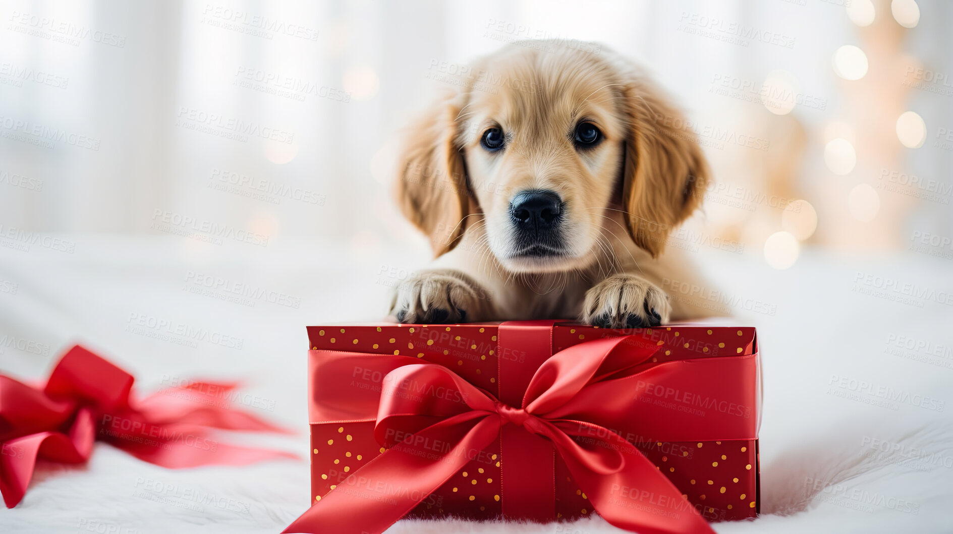 Buy stock photo Labrador puppy with gift box on bokeh background in studio. Dog present with bow