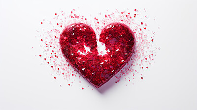 Buy stock photo Glitter confetti heart on white copyspace background. Love, anniversary, relationship concept