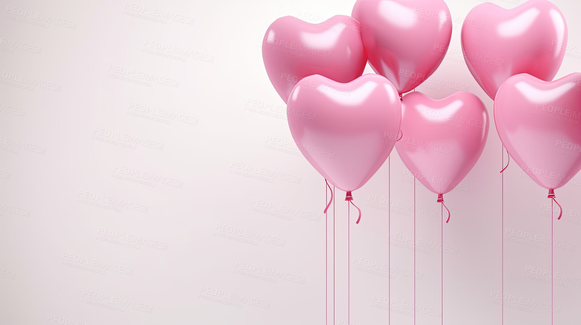 Buy stock photo White background with pink heart ballons and copy space. Wedding invitation, Valentines Day party.