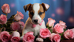 Jack Russel puppy with pink roses on bokeh background in studio.