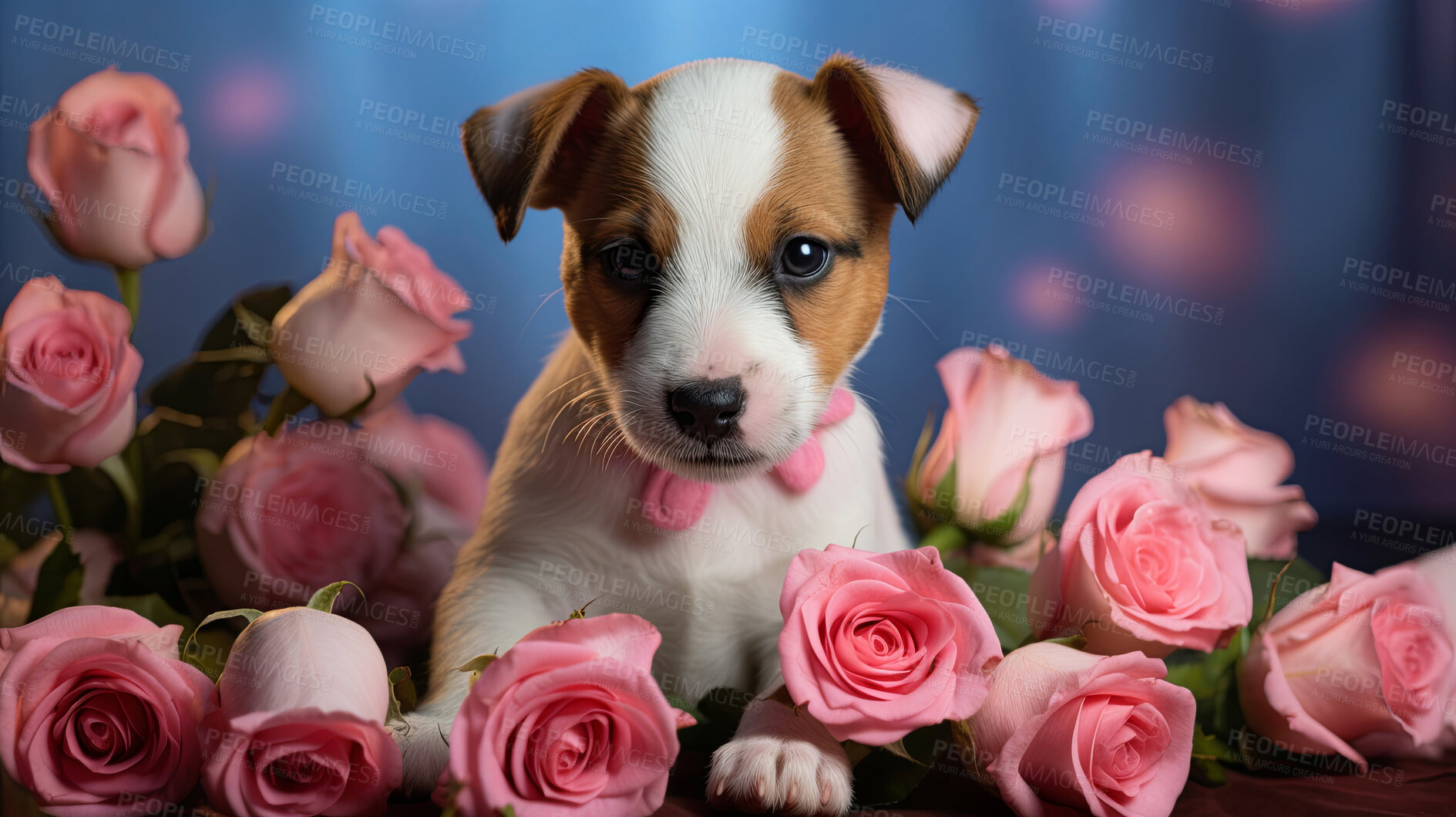 Buy stock photo Jack Russel puppy with pink roses on bokeh background in studio.