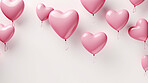 White background with pink heart ballons and copy space. Wedding invitation, Valentines Day party.