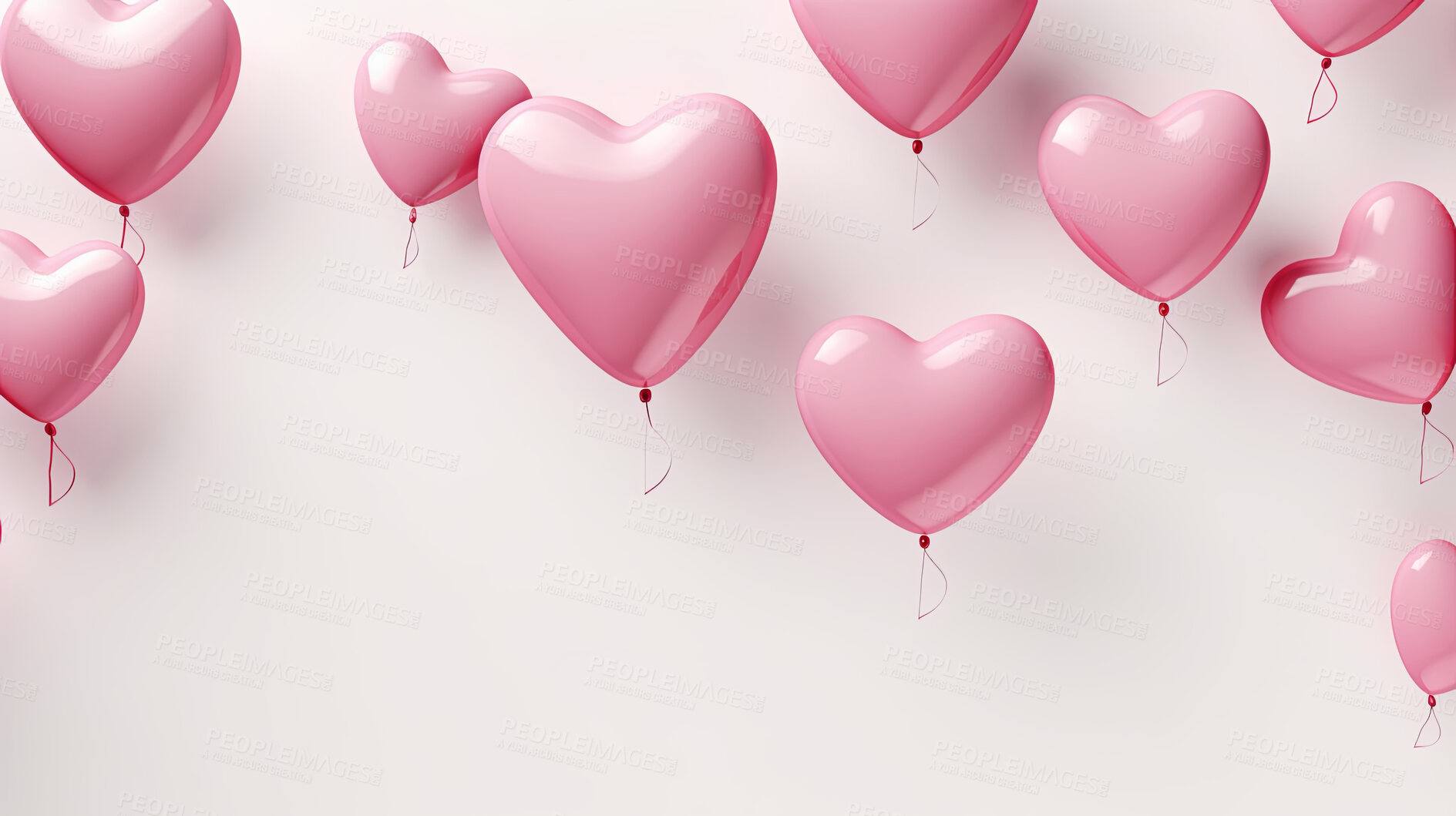 Buy stock photo White background with pink heart ballons and copy space. Wedding invitation, Valentines Day party.