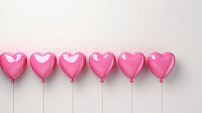 White background with pink heart ballons and copy space. Wedding invitation, Valentines Day party.