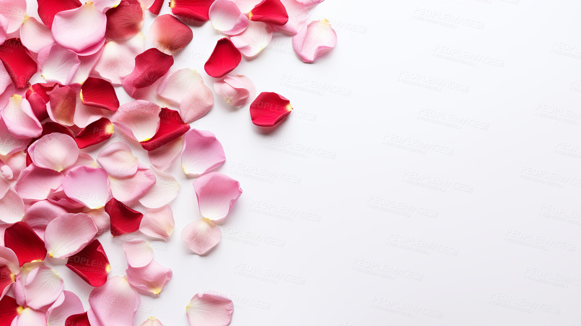 Buy stock photo White background with red rose petals and copy space. Wedding invitation, Valentines Day party.