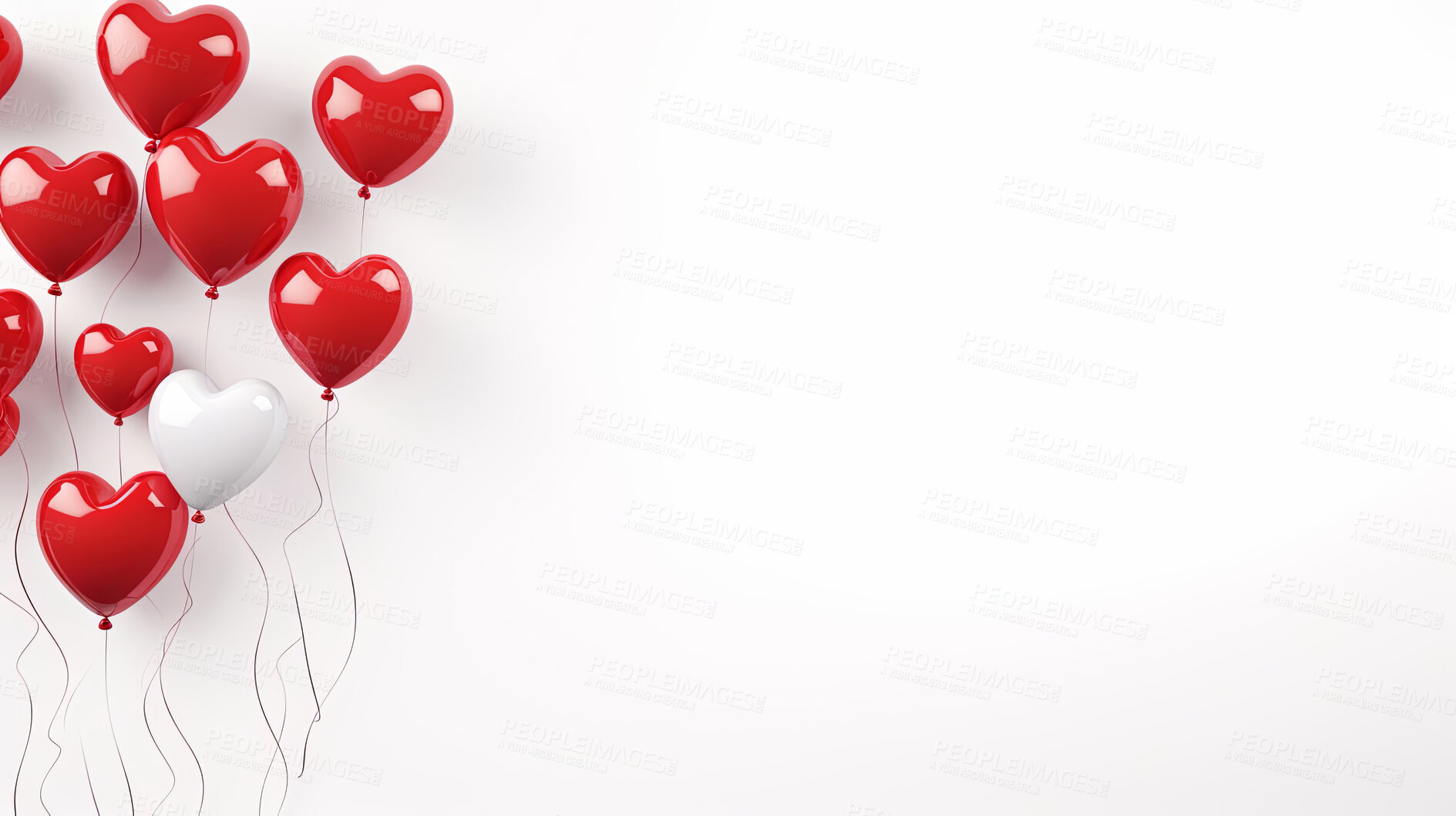 Buy stock photo White background with red heart ballons and copy space. Wedding invitation, Valentines Day party.