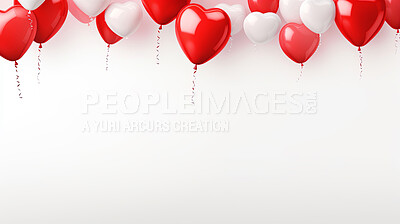 White background with red heart ballons and copy space. Wedding invitation, Valentines Day party.