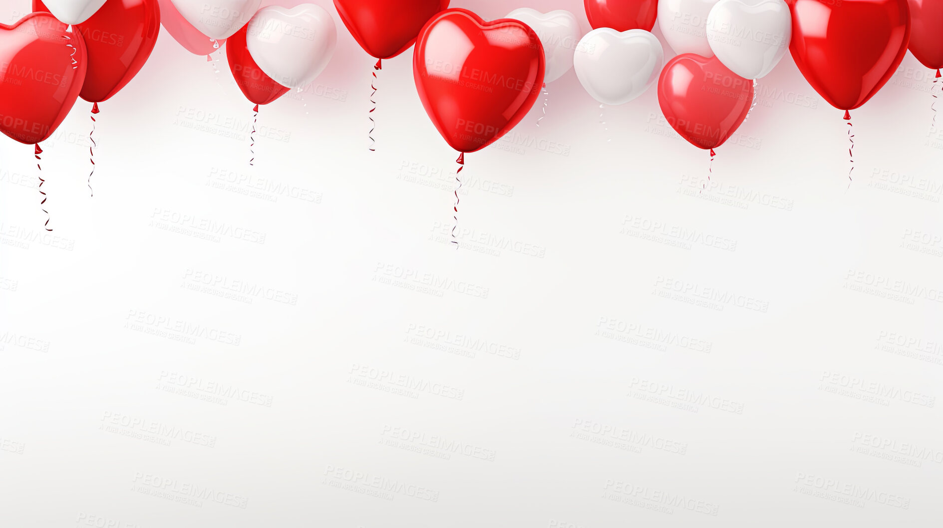 Buy stock photo White background with red heart ballons and copy space. Wedding invitation, Valentines Day party.