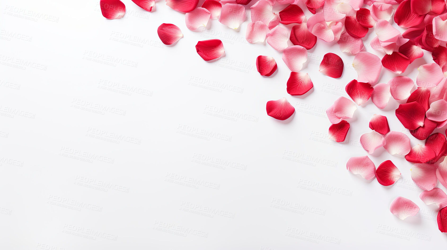 Buy stock photo White background with red rose petals and copy space. Wedding invitation, Valentines Day party.