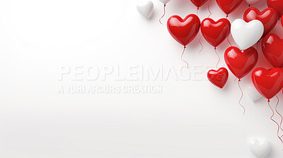 White background with red heart ballons and copy space. Wedding invitation, Valentines Day party.