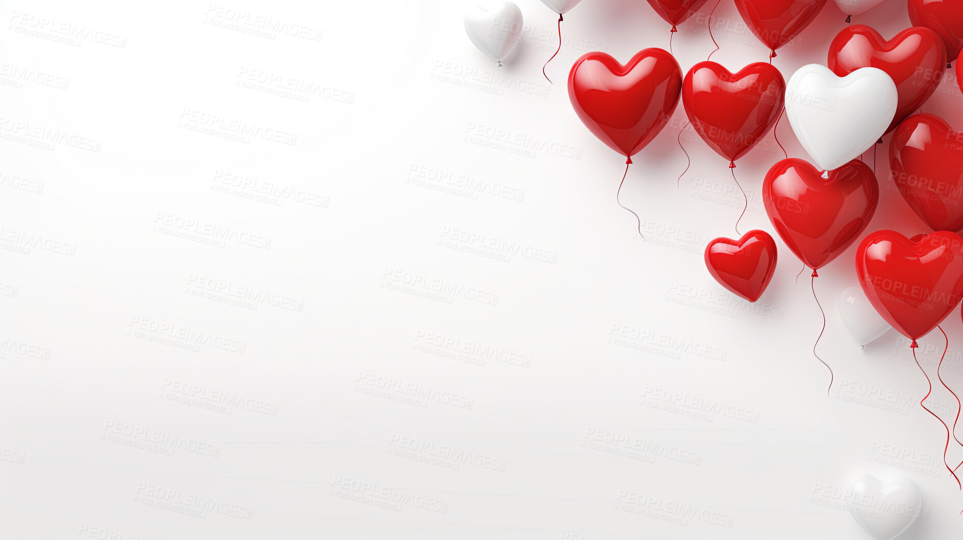 Buy stock photo White background with red heart ballons and copy space. Wedding invitation, Valentines Day party.