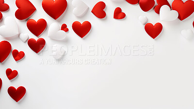 White background with red hearts and copy space. Wedding invitation, Valentines Day party.
