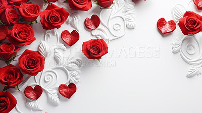 White background with red roses and copy space. Wedding invitation, Valentines Day party.