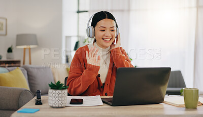 Woman on video call with work from home laptop, headphones and virtual international online meeting. Hello, wave and asian person in China in webinar for remote working or global update in computer