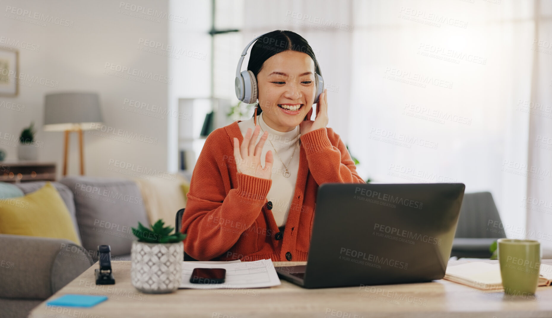 Buy stock photo Woman on video call with work from home laptop, headphones and virtual international online meeting. Hello, wave and asian person in China in webinar for remote working or global update in computer