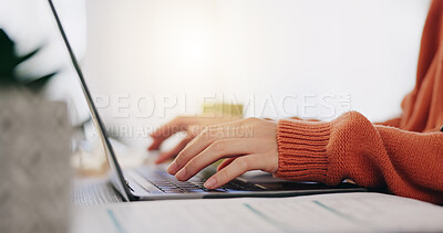 Closeup, hands and woman with laptop, typing and planning for new project, deadline and creativity. Zoom, female entrepreneur and lady with device, keyboard or schedule with inspiration or motivation