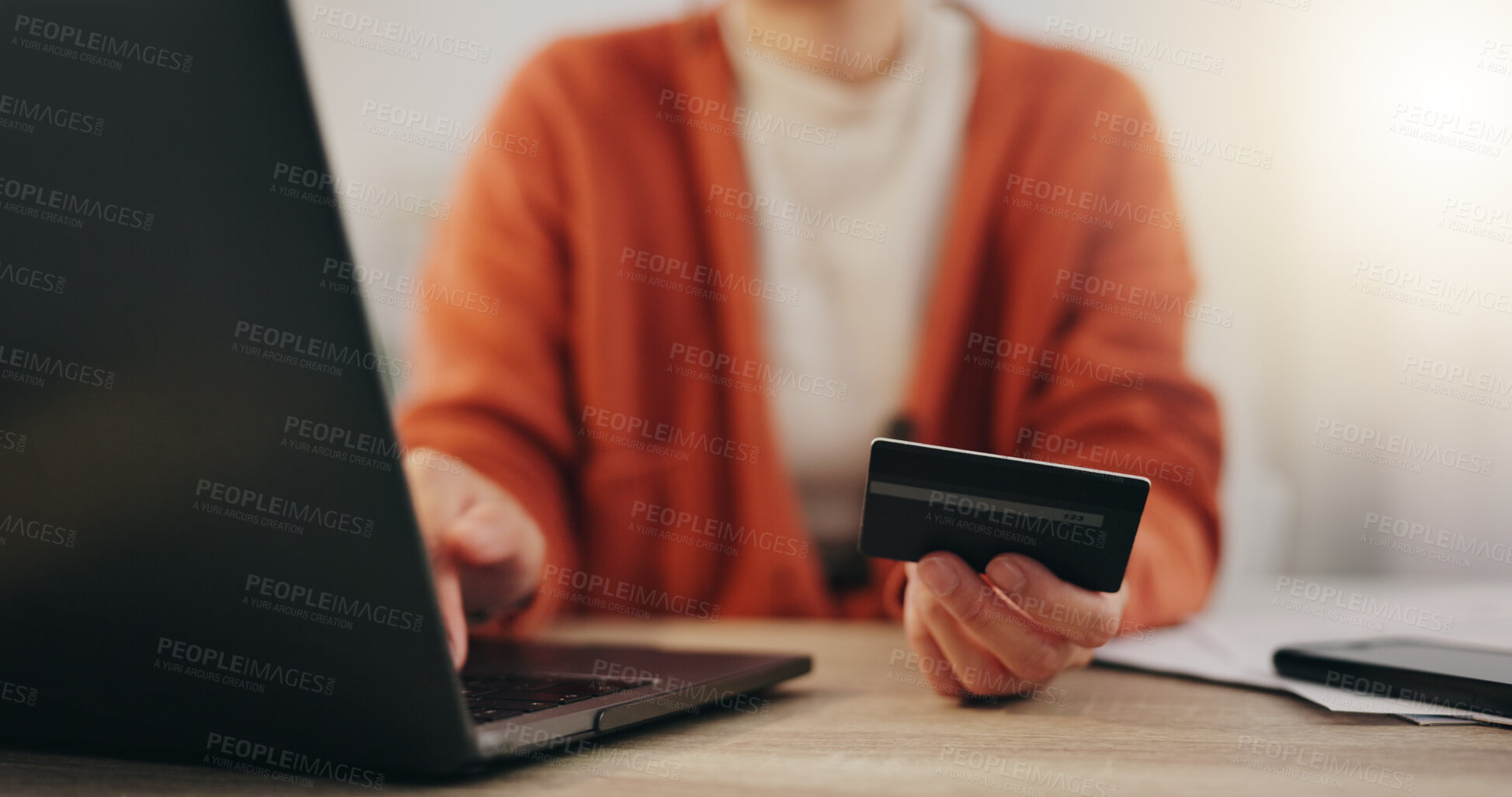 Buy stock photo Laptop, credit card and online shopping with a woman customer searching for a retail product or making payment. Finance, accounting or ecommerce with a female consumer doing an internet search