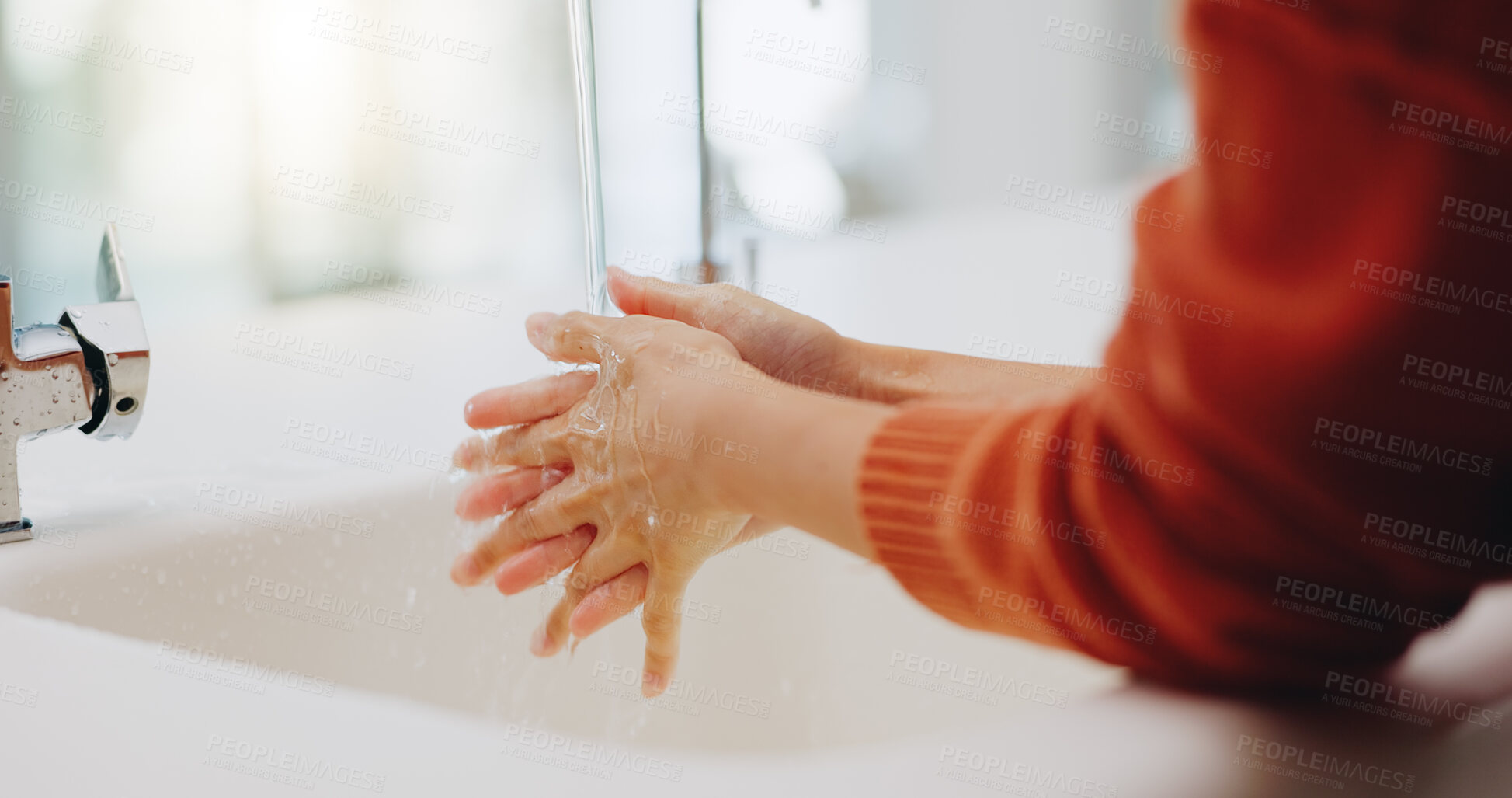 Buy stock photo Water, washing hands and cleaning at sink in bathroom for hygiene, wellness or health. Skincare, liquid and woman clean hand to remove bacteria, germs and dirt, sanitary and disinfection in home.