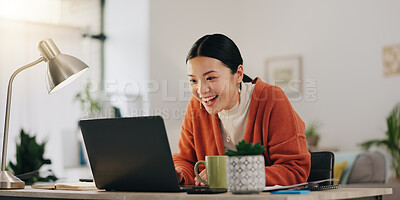 Asian woman, laptop and celebration fist for company success, creativity goals and happiness in office. Digital marketing achievement, happy or excited employee celebrate for corporate target winner Asian woman, laptop and celebration fist for win