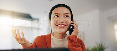 Smile, conversation and Asian woman on a phone call for communication, talking and networking. Contact, happy and Japanese girl speaking on a mobile for discussion and comic story with mockup
