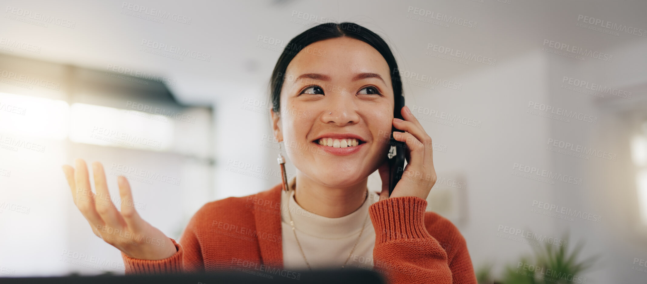 Buy stock photo Smile, conversation and Asian woman on a phone call for communication, talking and networking. Contact, happy and Japanese girl speaking on a mobile for discussion and comic story with mockup