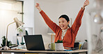 Asian woman, laptop and celebration fist for company success, creativity goals and happiness in office. Digital marketing achievement, happy or excited employee celebrate for corporate target winner
Asian woman, laptop and celebration fist for win