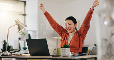 Asian woman, laptop and celebration fist for company success, creativity goals and happiness in office. Digital marketing achievement, happy or excited employee celebrate for corporate target winner Asian woman, laptop and celebration fist for win
