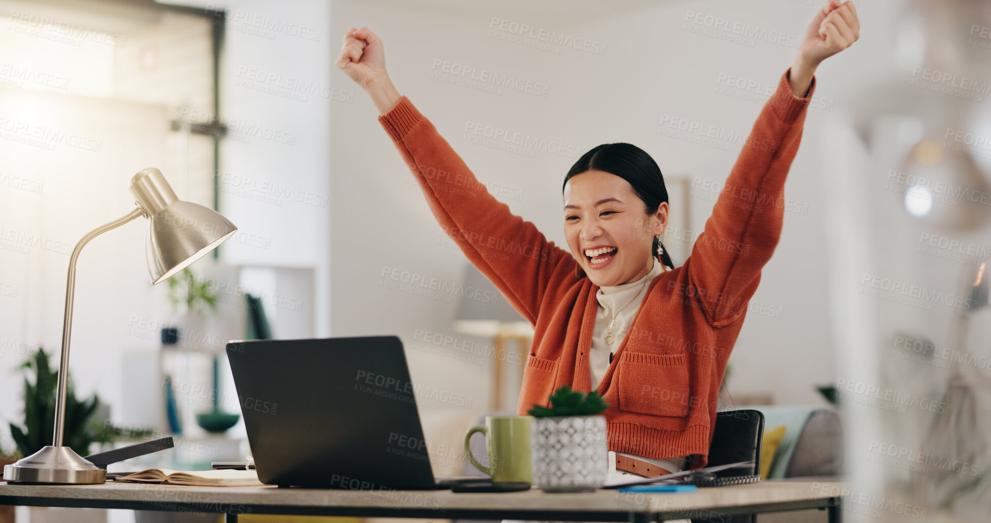 Buy stock photo Asian woman, laptop and celebration fist for company success, creativity goals and happiness in office. Digital marketing achievement, happy or excited employee celebrate for corporate target winner
Asian woman, laptop and celebration fist for win