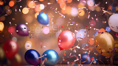 New Year celebration Festive background with falling confetti, balloons and bokeh lights.