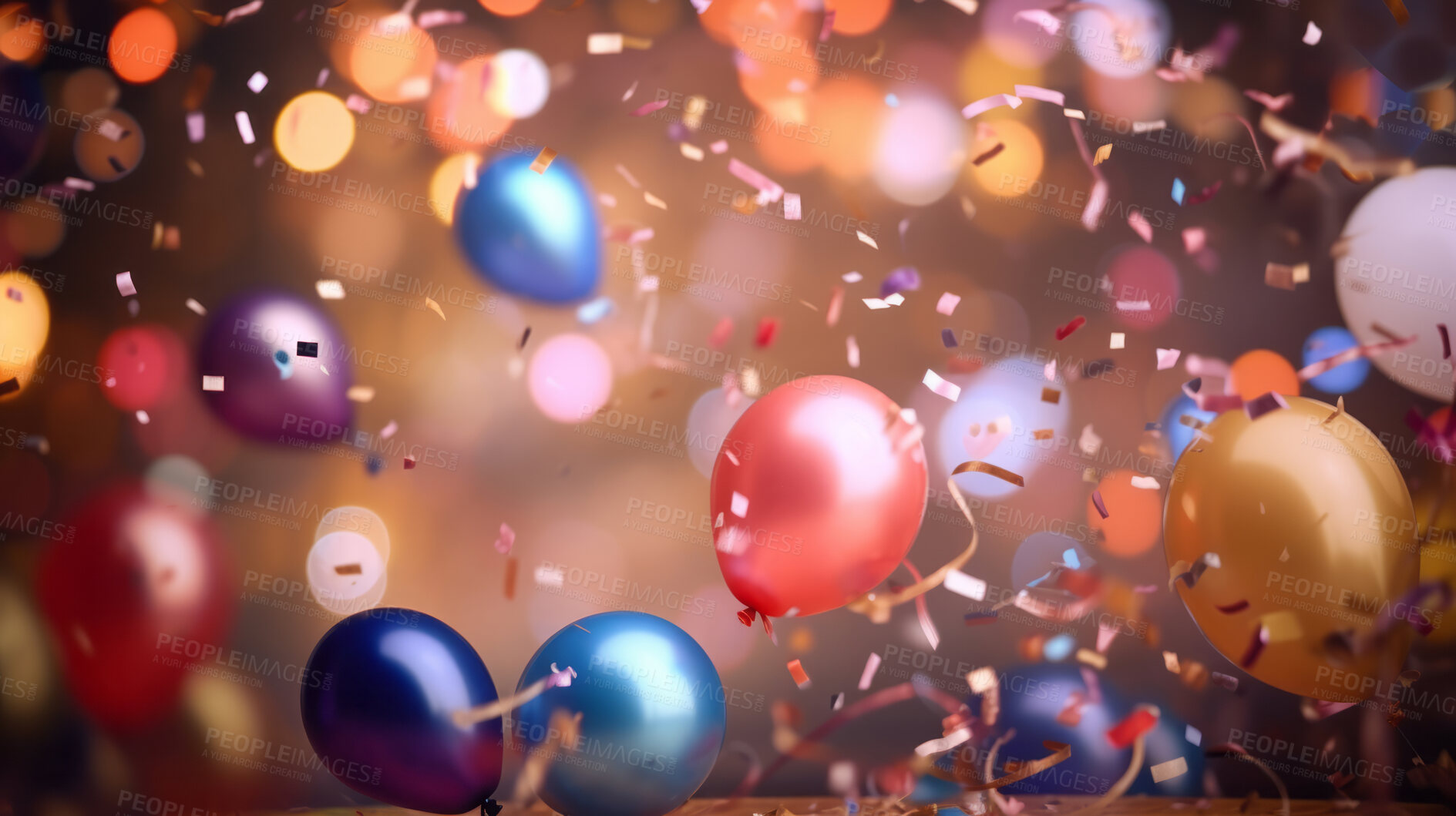 Buy stock photo New Year celebration Festive background with falling confetti, balloons and bokeh lights.