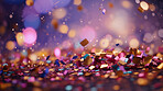 New Year celebration Festive background with falling confetti and bokeh lights.