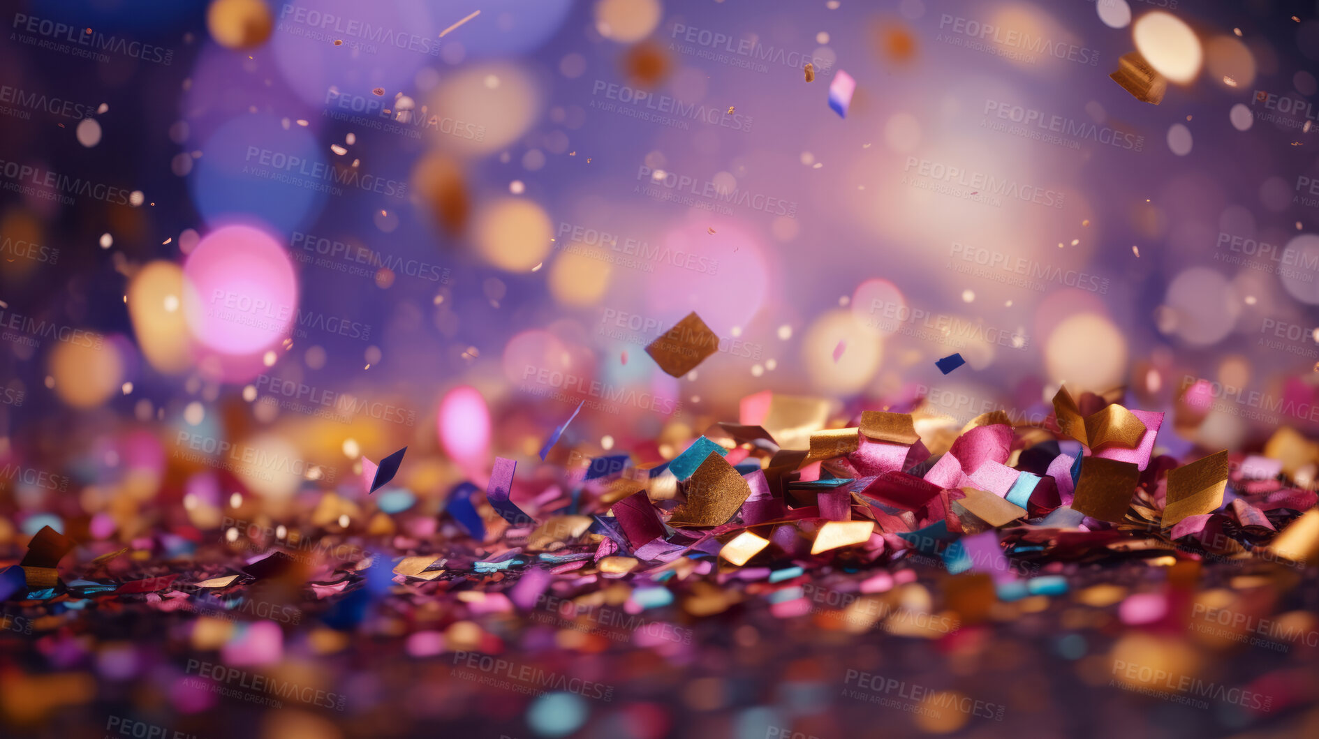 Buy stock photo New Year celebration Festive background with falling confetti and bokeh lights.