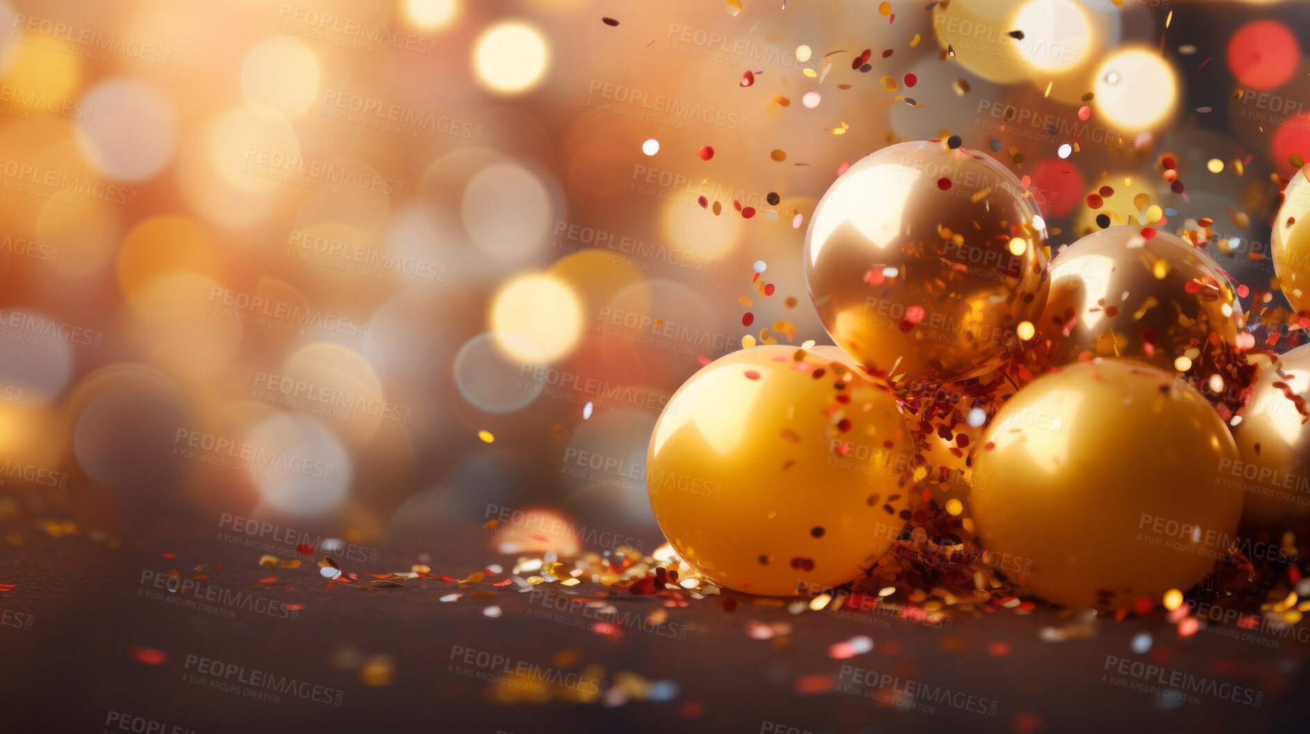 Buy stock photo New Year celebration Festive background with falling confetti, balloons and bokeh lights.