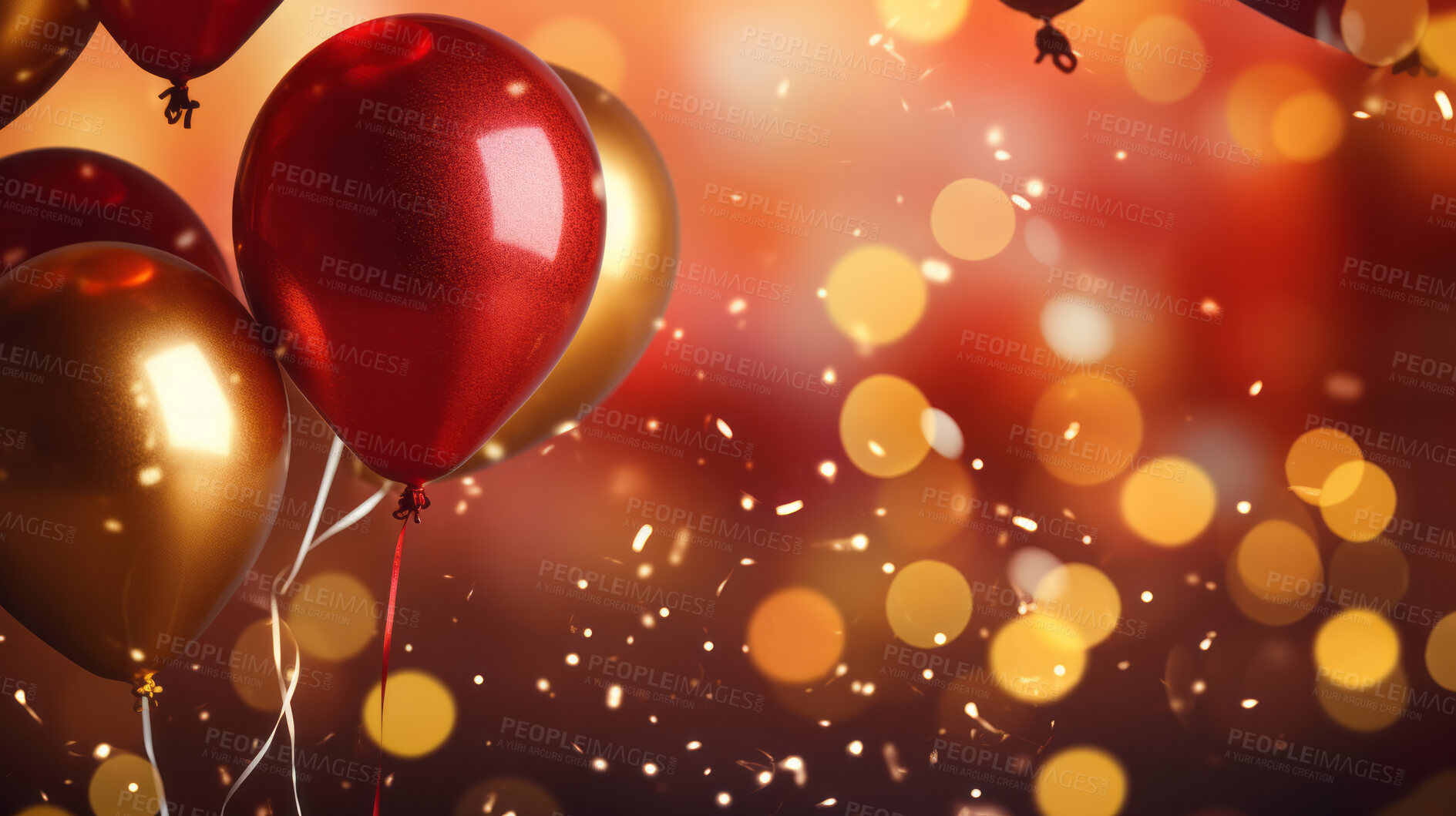 Buy stock photo New Year celebration Festive background with falling confetti, balloons and bokeh lights.