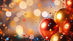 New Year celebration Festive background with falling confetti, balloons and bokeh lights.