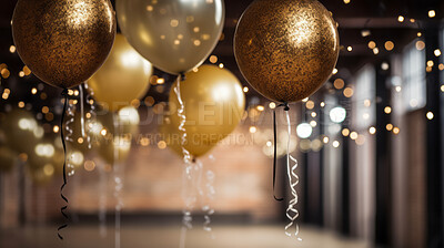 New Year celebration Festive background with falling confetti, balloons and bokeh lights.