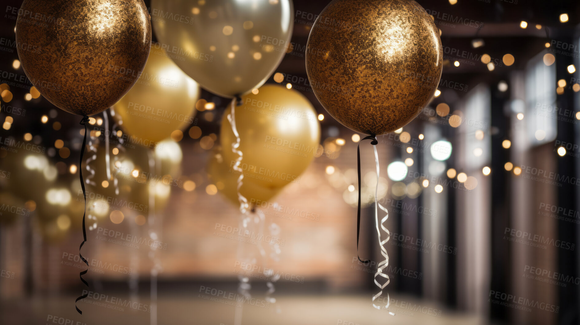 Buy stock photo New Year celebration Festive background with falling confetti, balloons and bokeh lights.