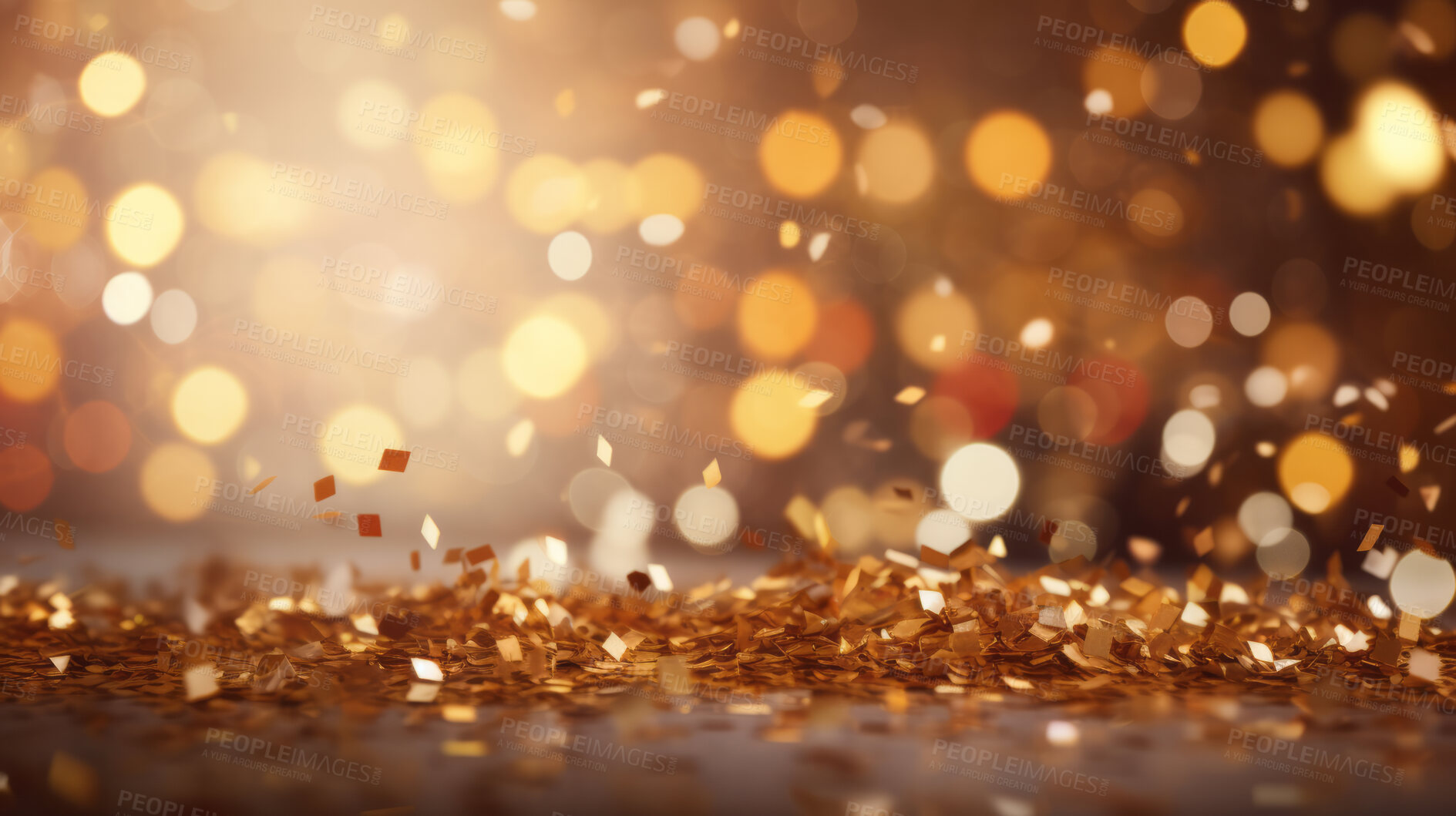 Buy stock photo New Year celebration Festive background with falling confetti and bokeh lights.