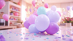 New Year celebration Festive background with falling confetti, balloons and bokeh lights.