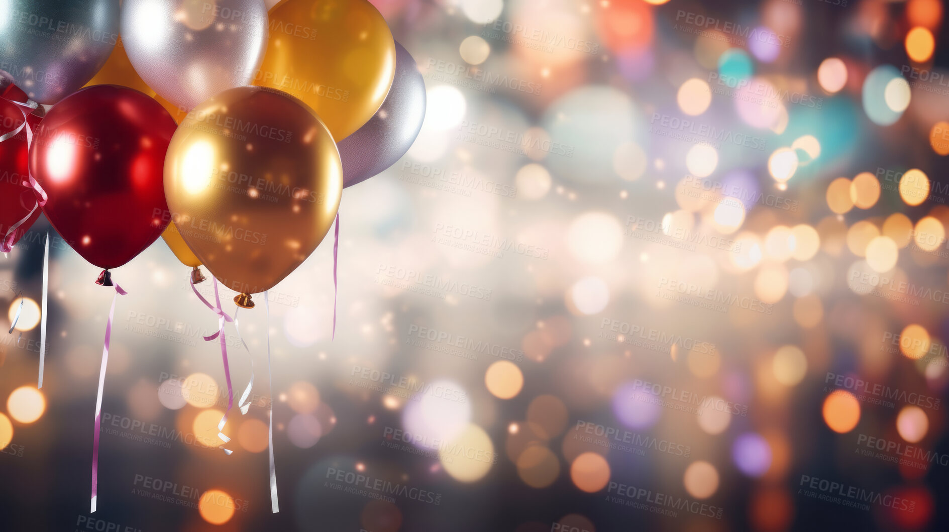 Buy stock photo New Year celebration Festive background with falling confetti, balloons and bokeh lights.