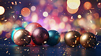 New Year celebration Festive background with falling confetti, balloons and bokeh lights.