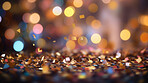 New Year celebration Festive background with falling confetti and bokeh lights.