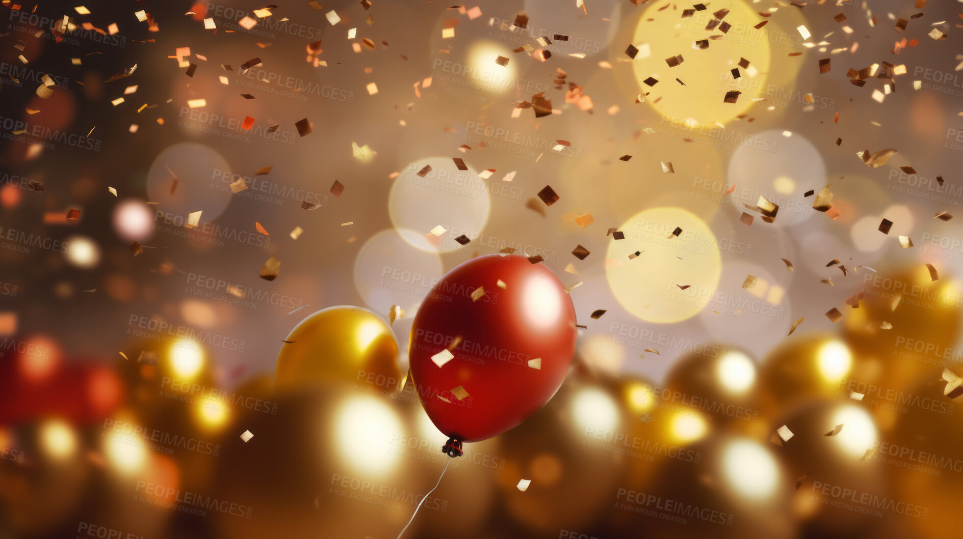 Buy stock photo New Year celebration Festive background with falling confetti, balloons and bokeh lights.