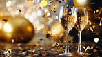 New Year celebration Festive 
background with falling confetti. Celebrate with alcohol and bokeh.